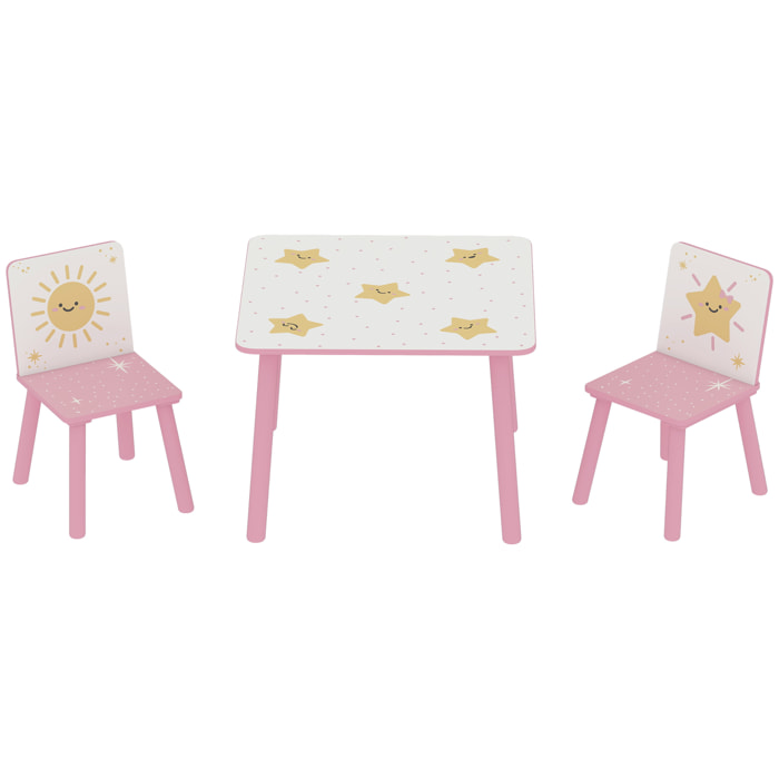Ensemble table et chaises enfant design étoiles soleil bois pin MDF blanc rose