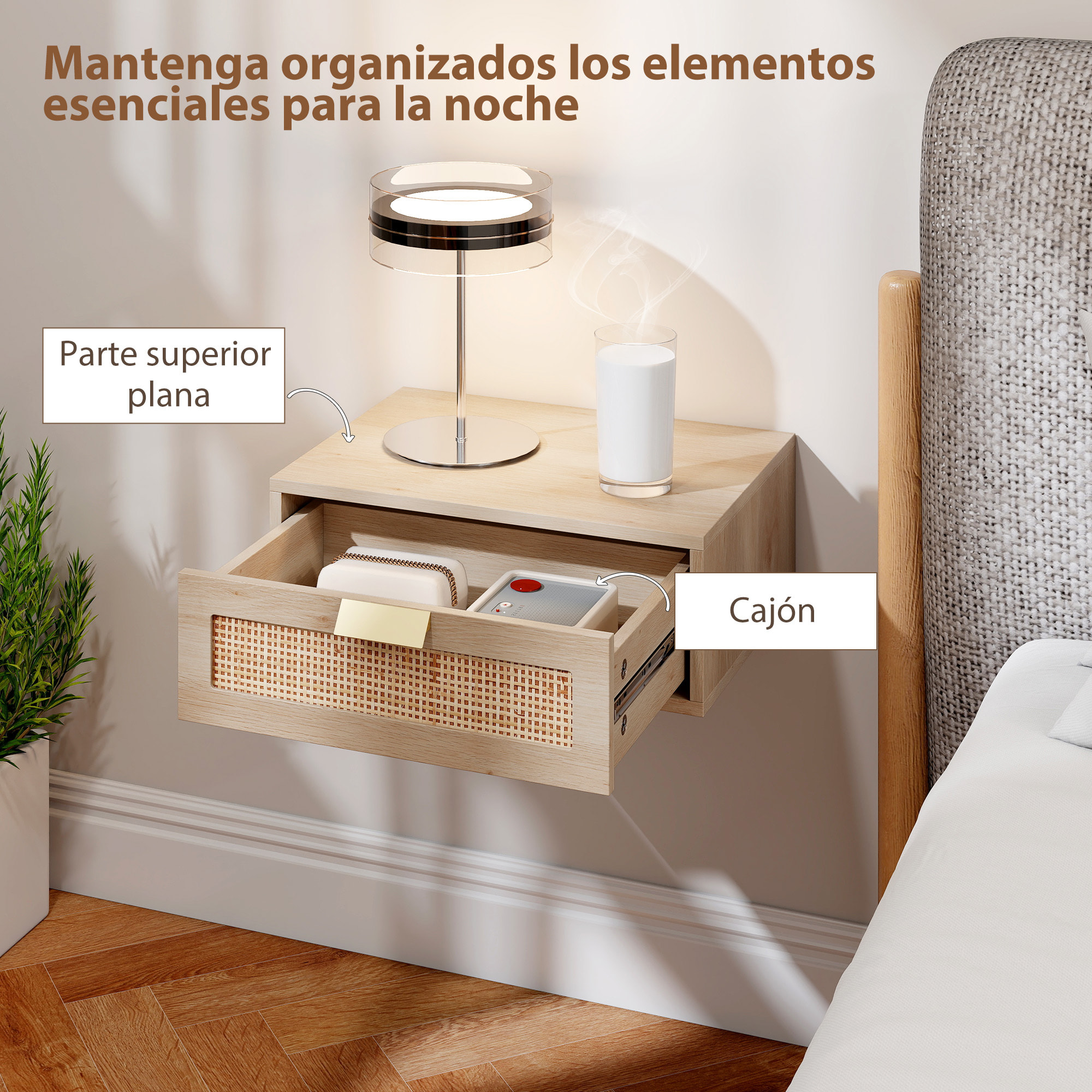 Juego de 2 Mesitas de Noche Flotantes, Mesillas de Noche Dormitorio con Cajón de Ratán, Ahorra Espacio, Diseño Moderno, para Sala de Estar, 40x30x15 cm, Roble