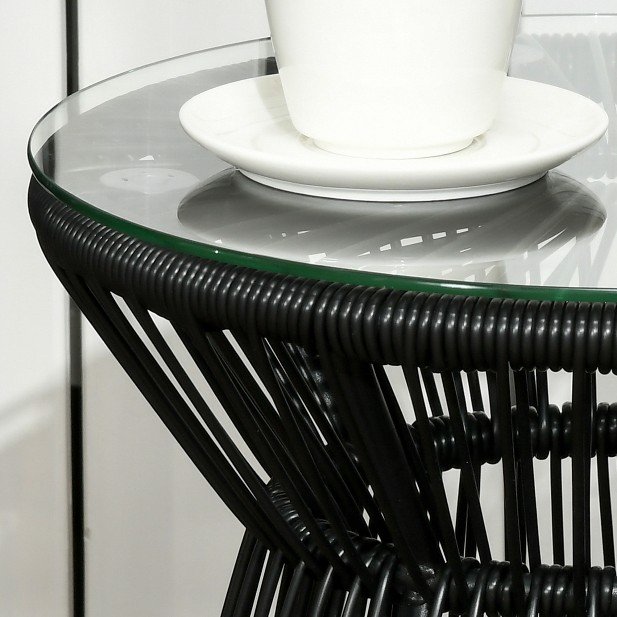 Mesa de Jardín de Ratán Sintético Mesa de Centro Redonda con Tablero de Vidrio Templado y Marco de Metal Carga 30 kg para Patio Jardín Balcón Ø40x42 cm Negro