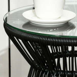 Mesa de Jardín de Ratán Sintético Mesa de Centro Redonda con Tablero de Vidrio Templado y Marco de Metal Carga 30 kg para Patio Jardín Balcón Ø40x42 cm Negro