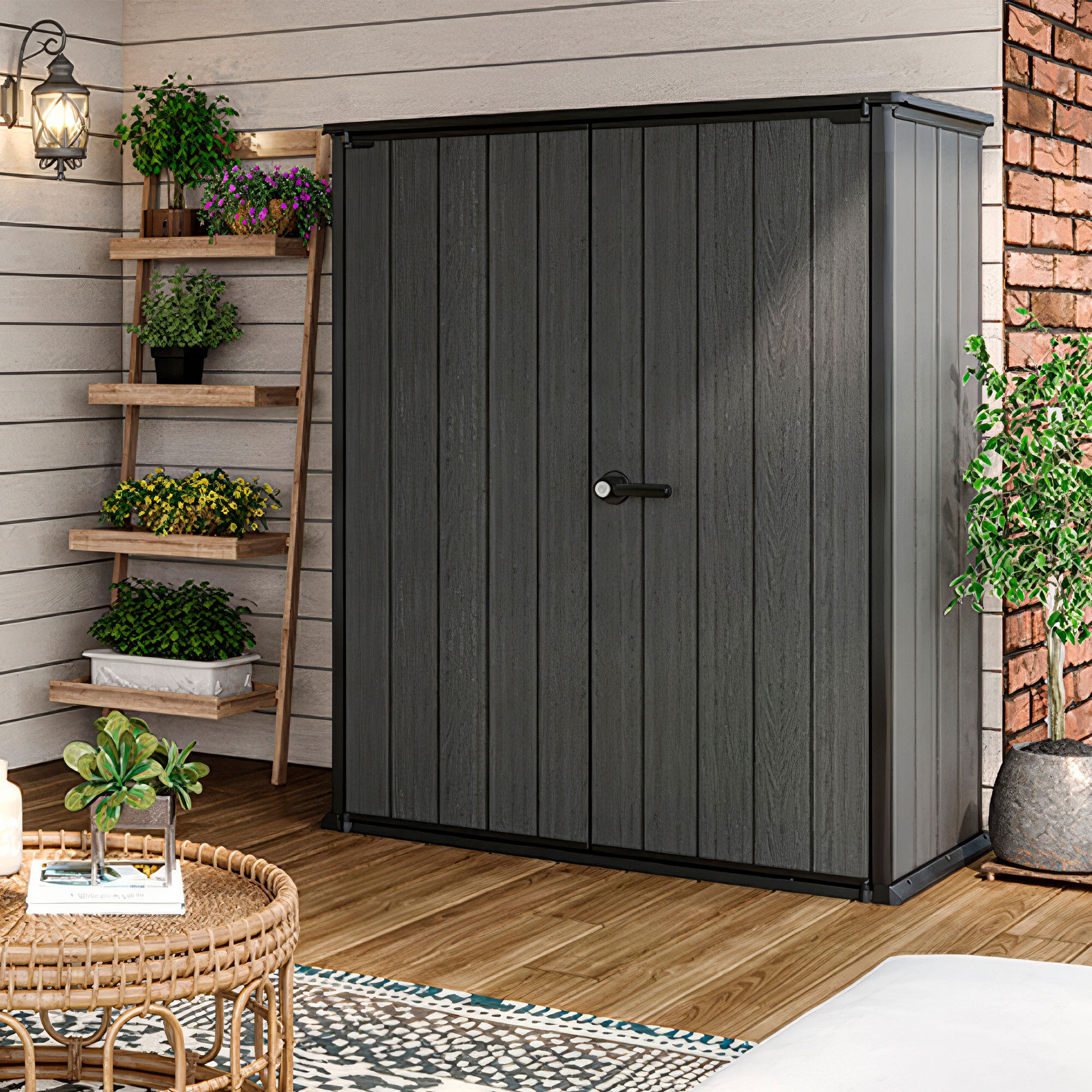 Cortina Alto - Mobili Da Giardino 140x73,6x170,4 cm 2 Ante Per Deposito Attrezzi Finitura Effetto Legno Evotech+ In Resina Grigio