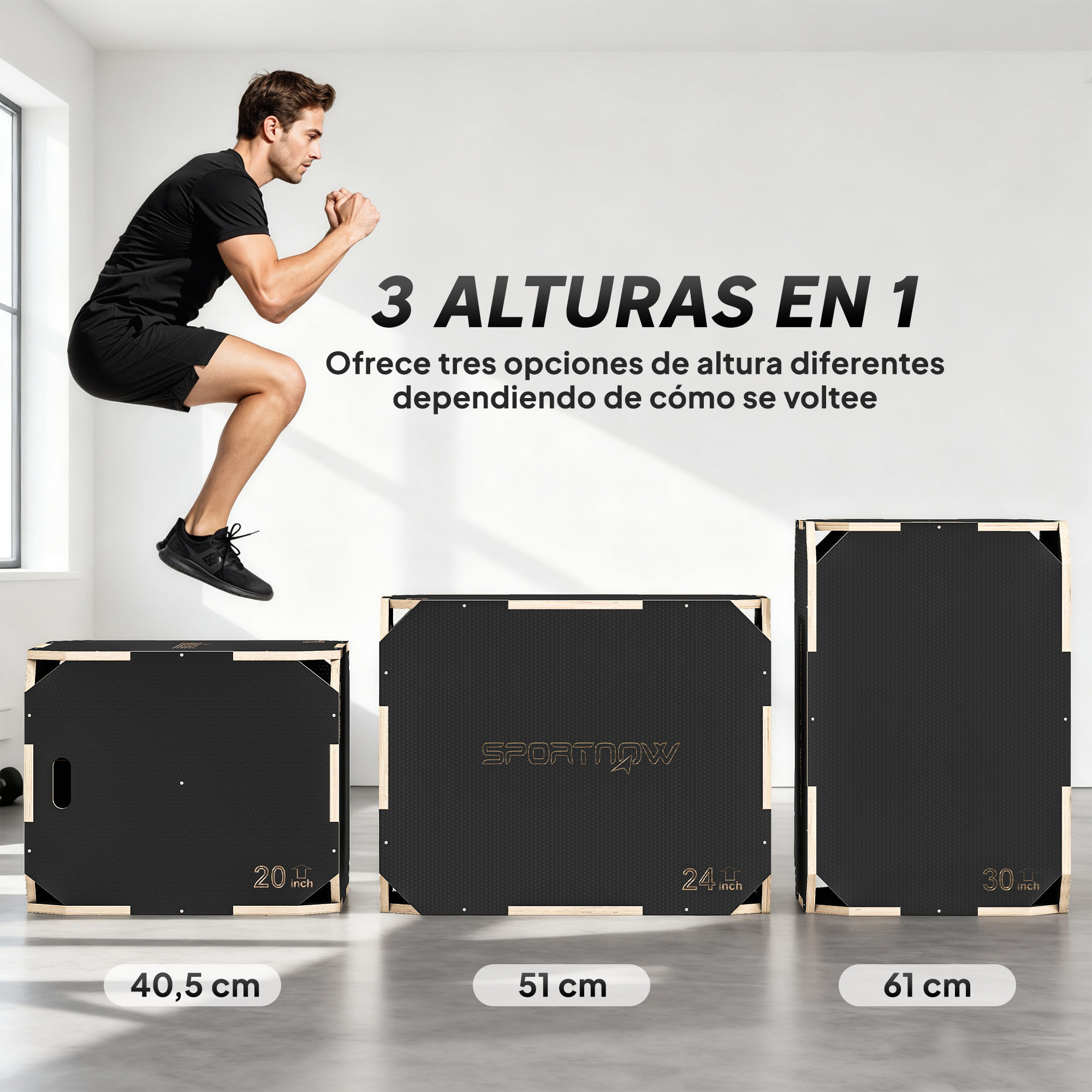 Cajón Pliométrico de Madera 3 en 1, Plataforma de Caja Pliométrica con 3 Alturas Ajustables 76/61/51 cm, Asas, sin Esquinas, Entrenamiento de Salto, Fuerza, para Casa, Gimnasio y Exterior