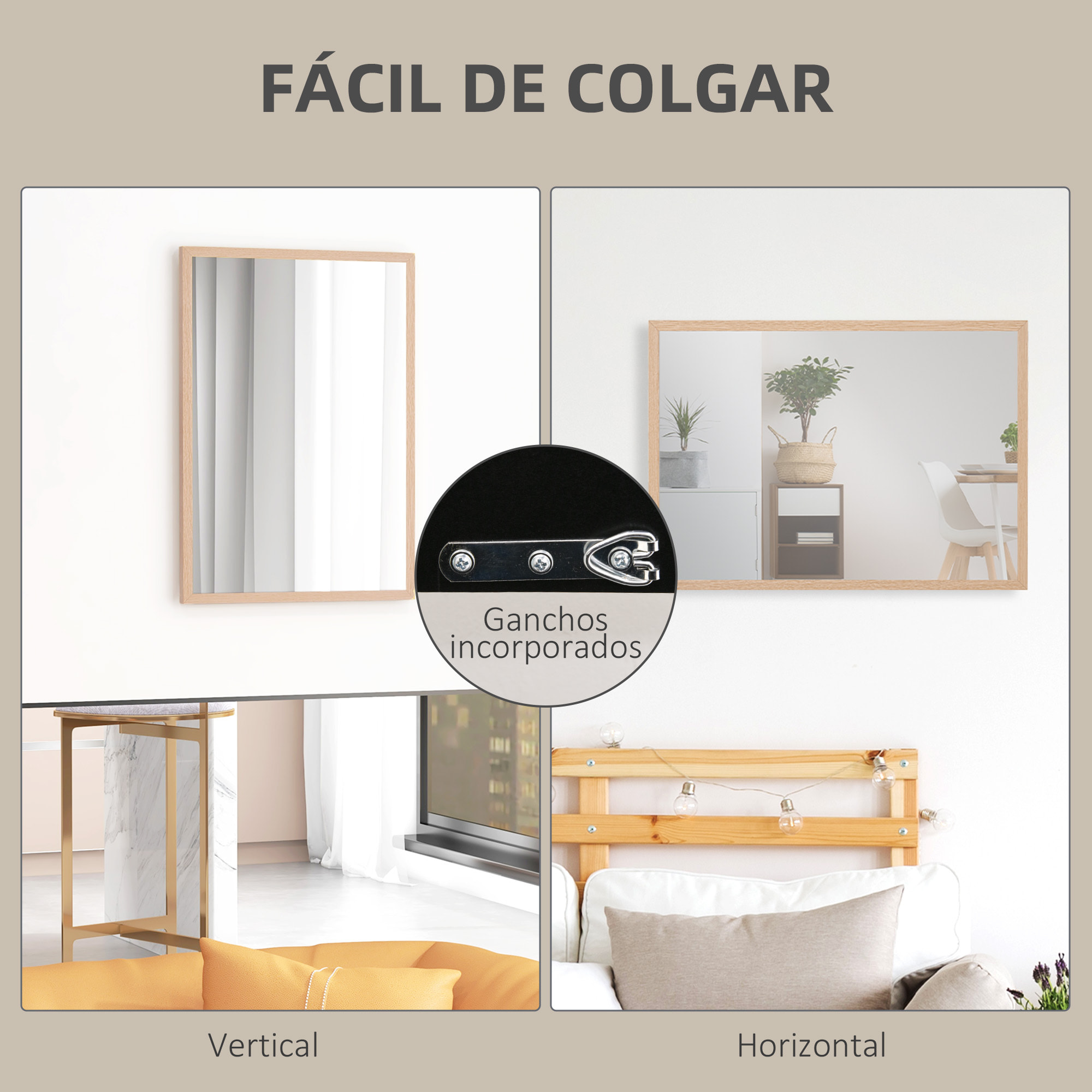 Espejo de Pared Espejo de Baño 50x70 cm Espejo Rectangular Decorativo para Salón Entrada Pasillo Horizontal o Vertical Natural