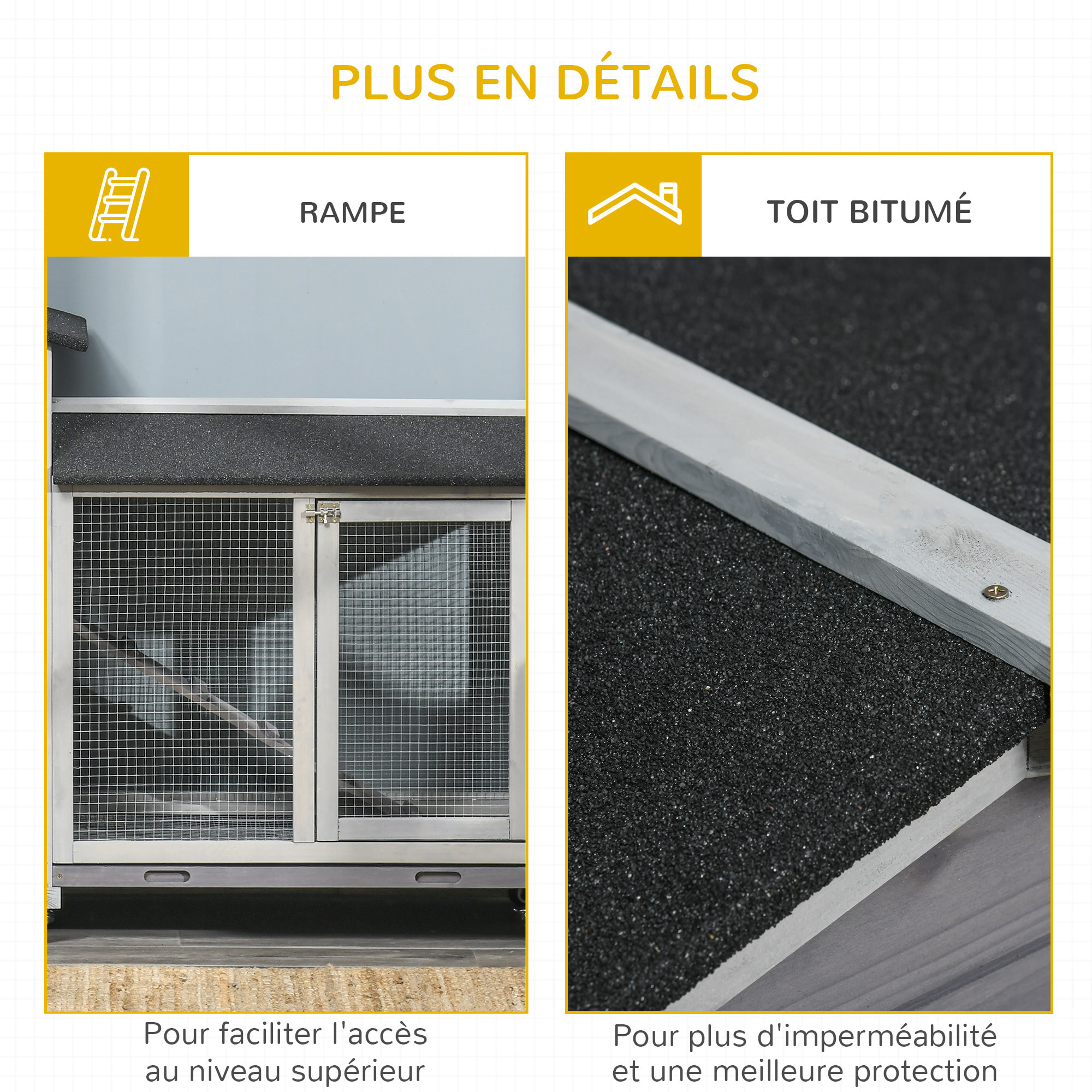 Clapier bois sur roulettes 2 niv. 3 plateaux déjections coulissants sapin gris pré-huilé