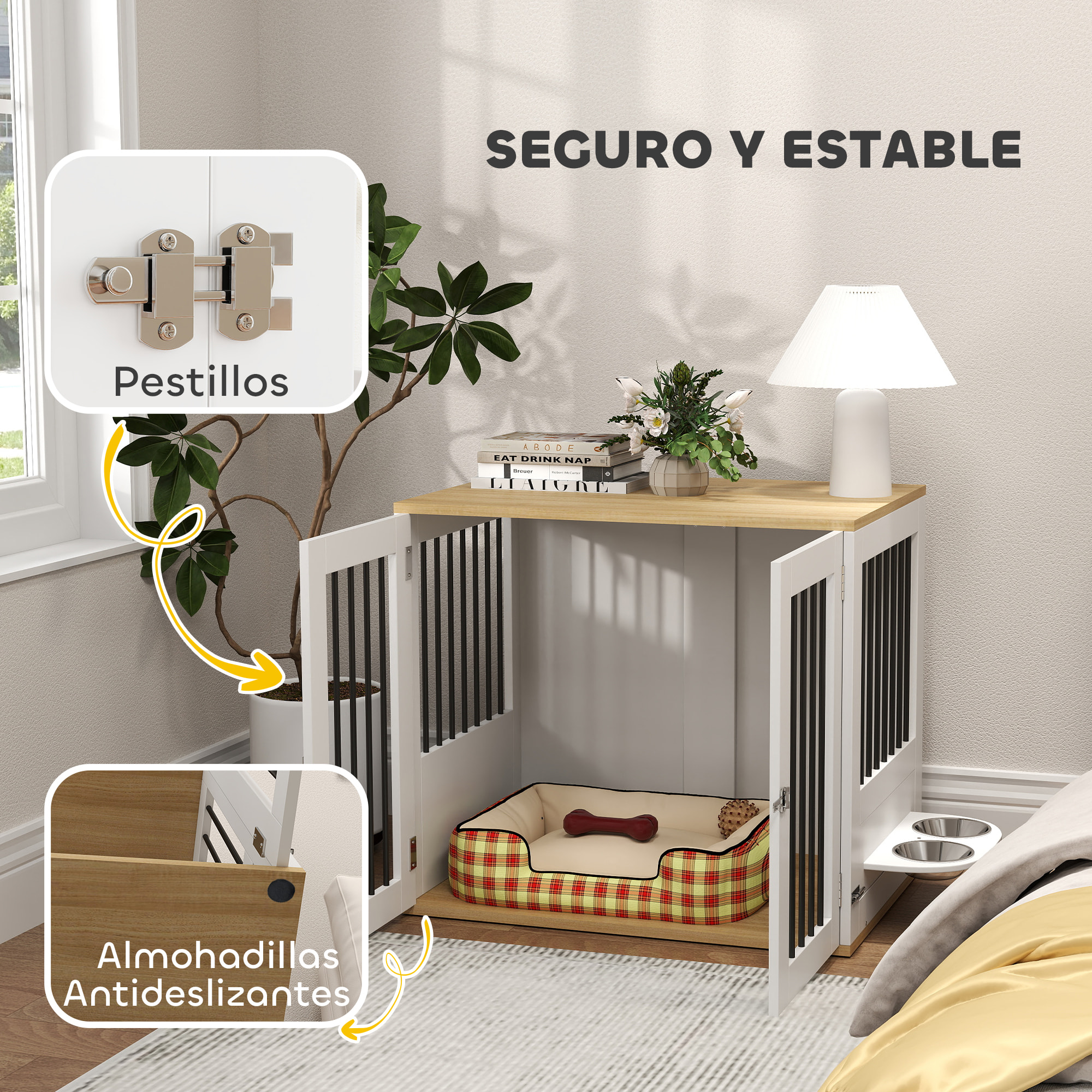 Jaula para Perros Medianos 2 en 1 Mesa Auxiliar con 2 Puertas con Pestillo Comedero Giratorio de 360° 2 Cuencos y Almohadillas Antideslizantes 80x55x71,5 cm Blanco