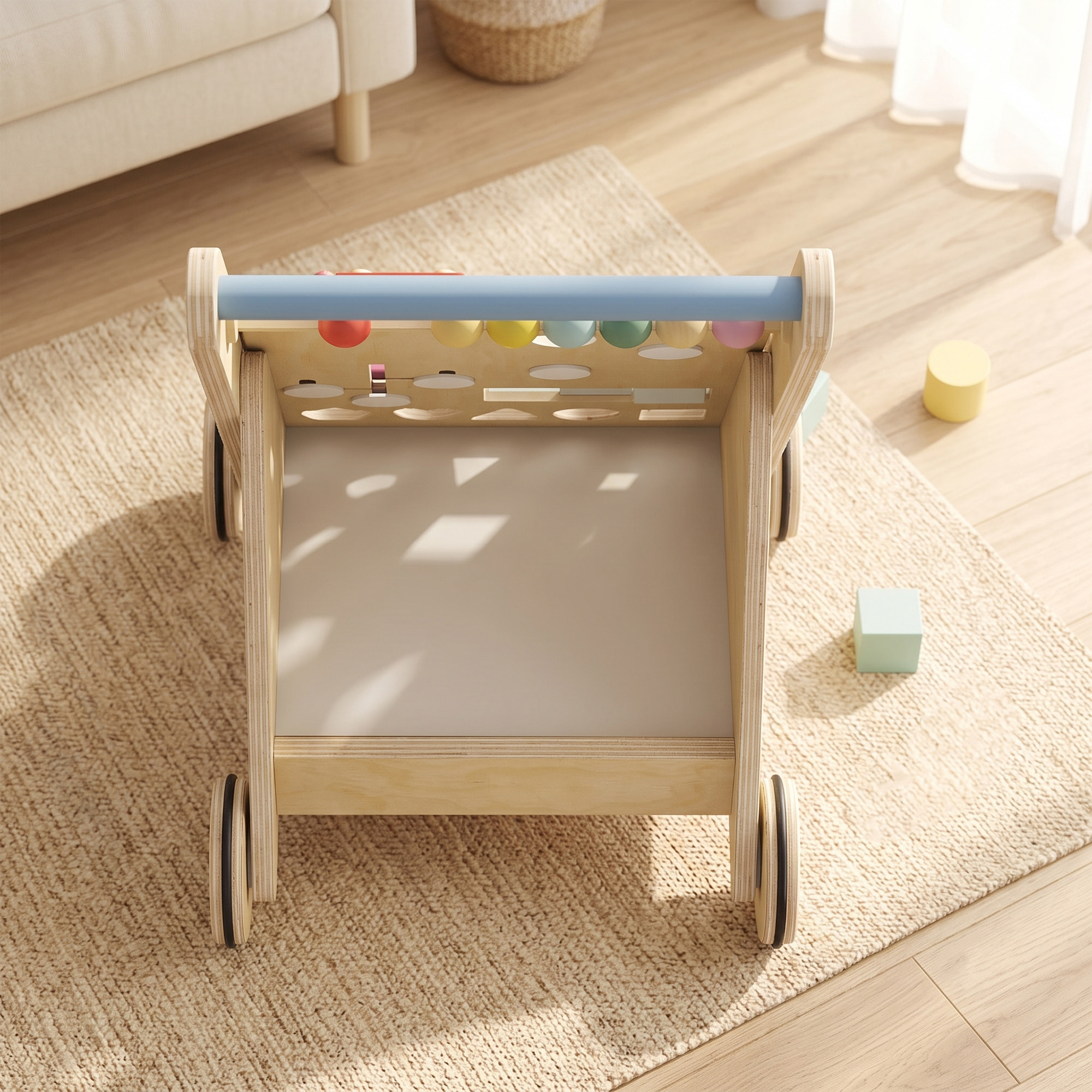 Andador Madera Bebé, Caminador Bebé con Juguetes Montessori, Centro de Actividades, Control de Velocidad, con 5 Bloques, Ruedas, Regalo para Niños de +18 Meses y Altura +75 cm Natural