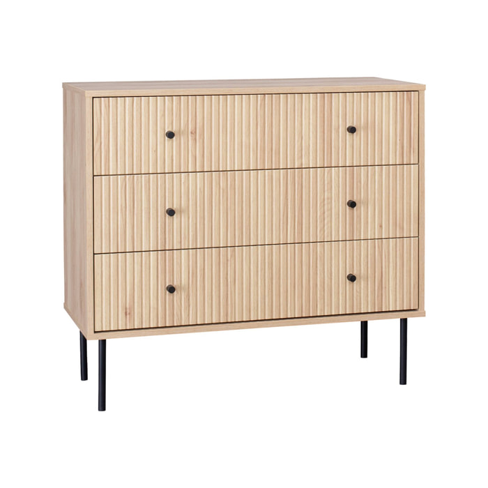 Commode contemporaine décor bois rainuré 3 tiroirs poignées métal noir