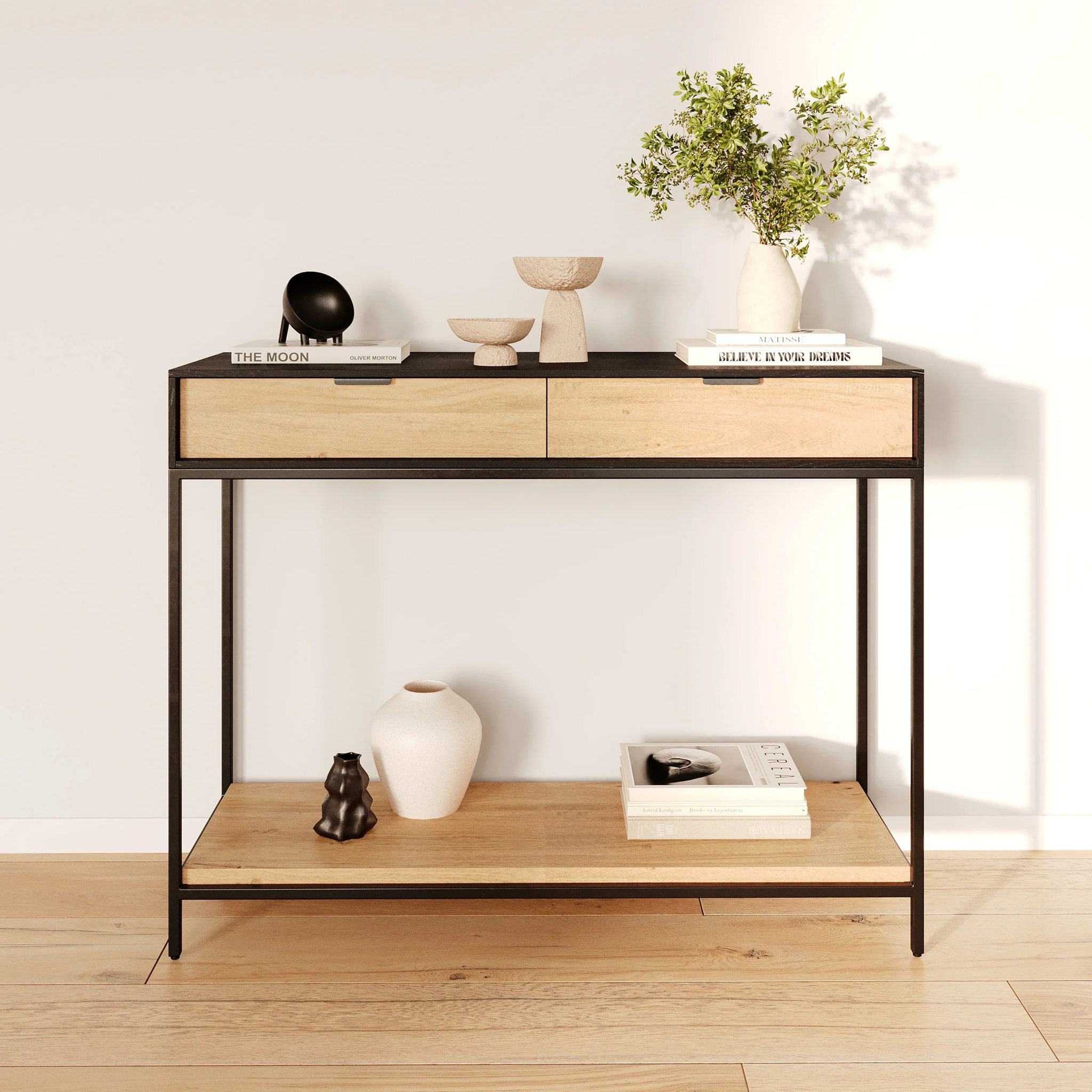 Console 2 tiroirs en bois d'acacia et pieds en métal noir - Jakson