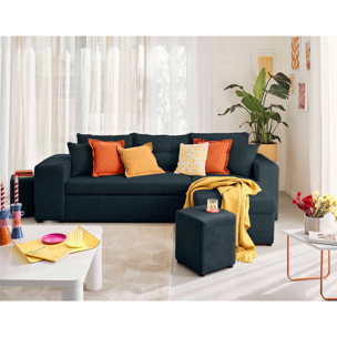 California - canapé d'angle réversible 4 places - convertible avec coffre, étagère et poufs - en velours texturé - Bleu