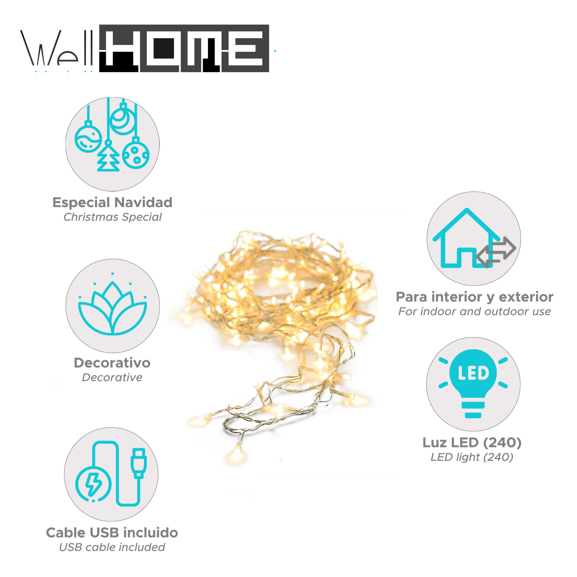 guirnalda con 240 luces led blanco cálido con cable de 3m.