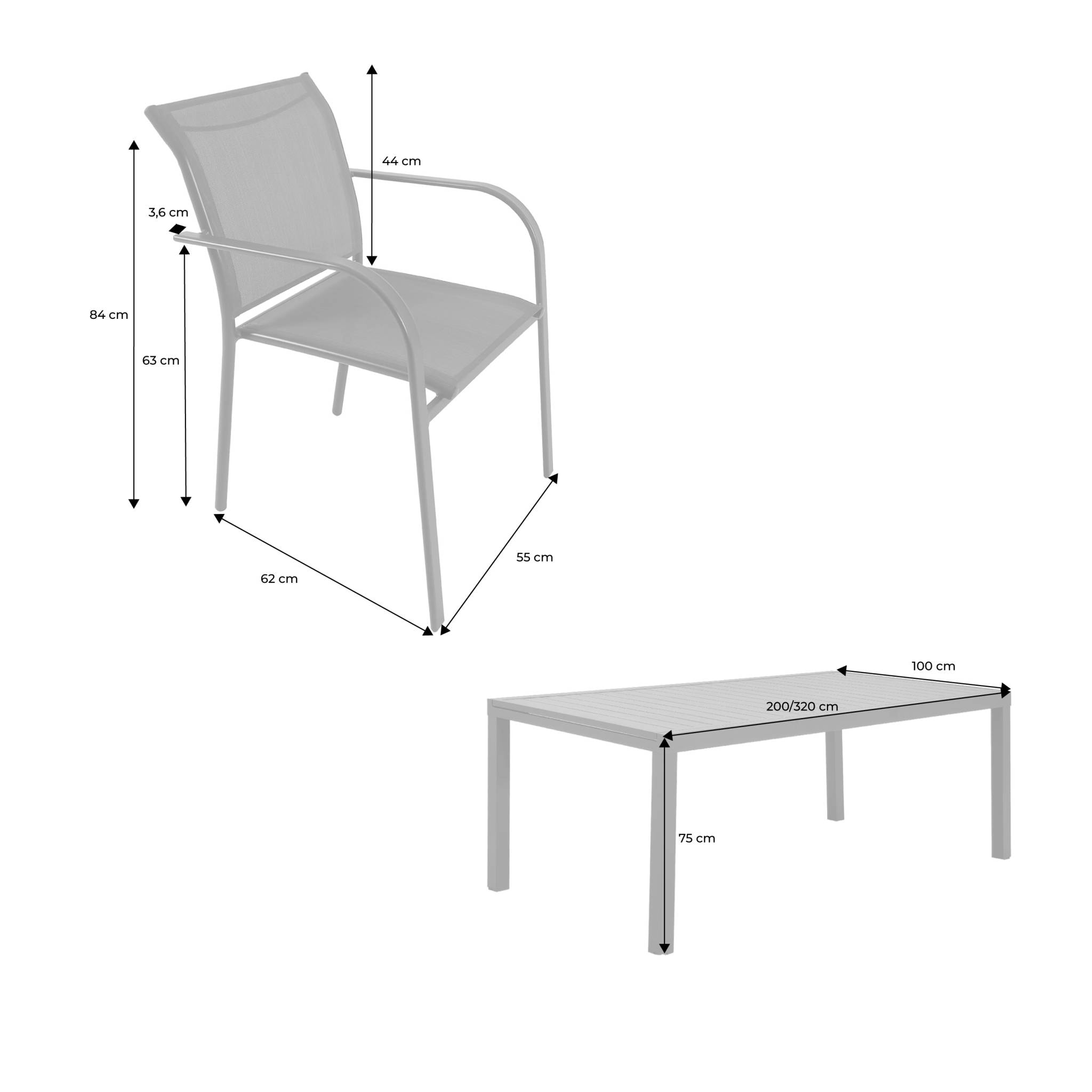 Table de jardin extensible aluminium + 10 assises ELORA + AMARA