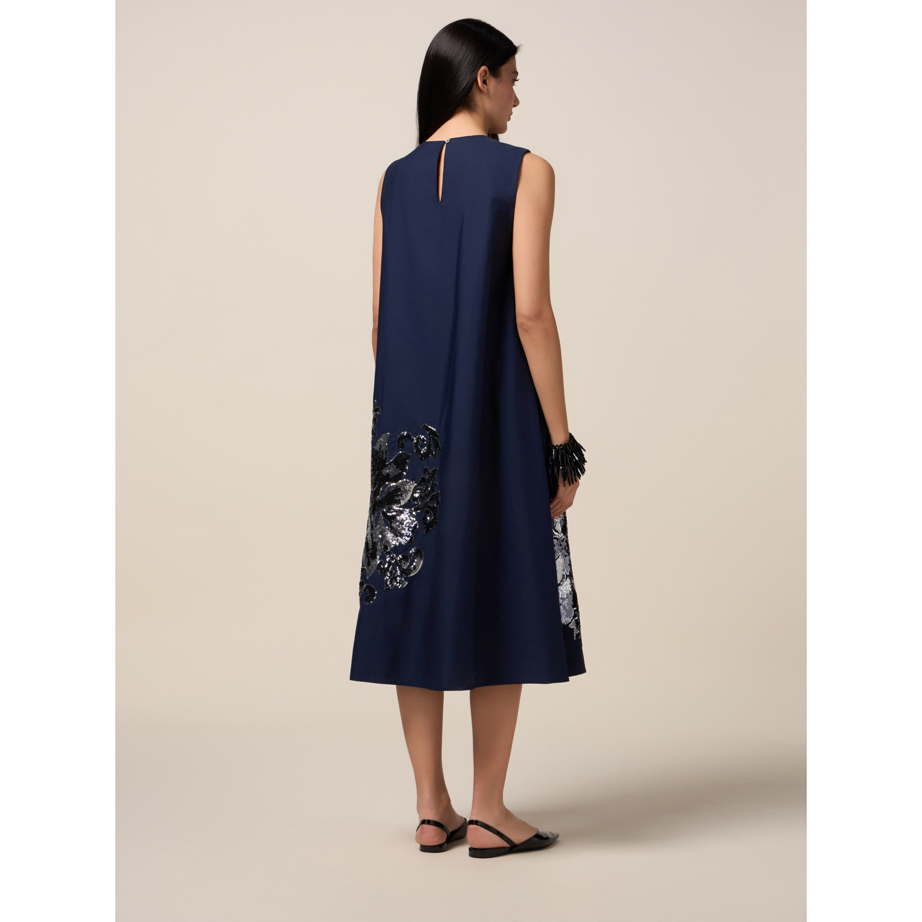 Oltre - Vestito ad A in cotone con paillettes - Blu