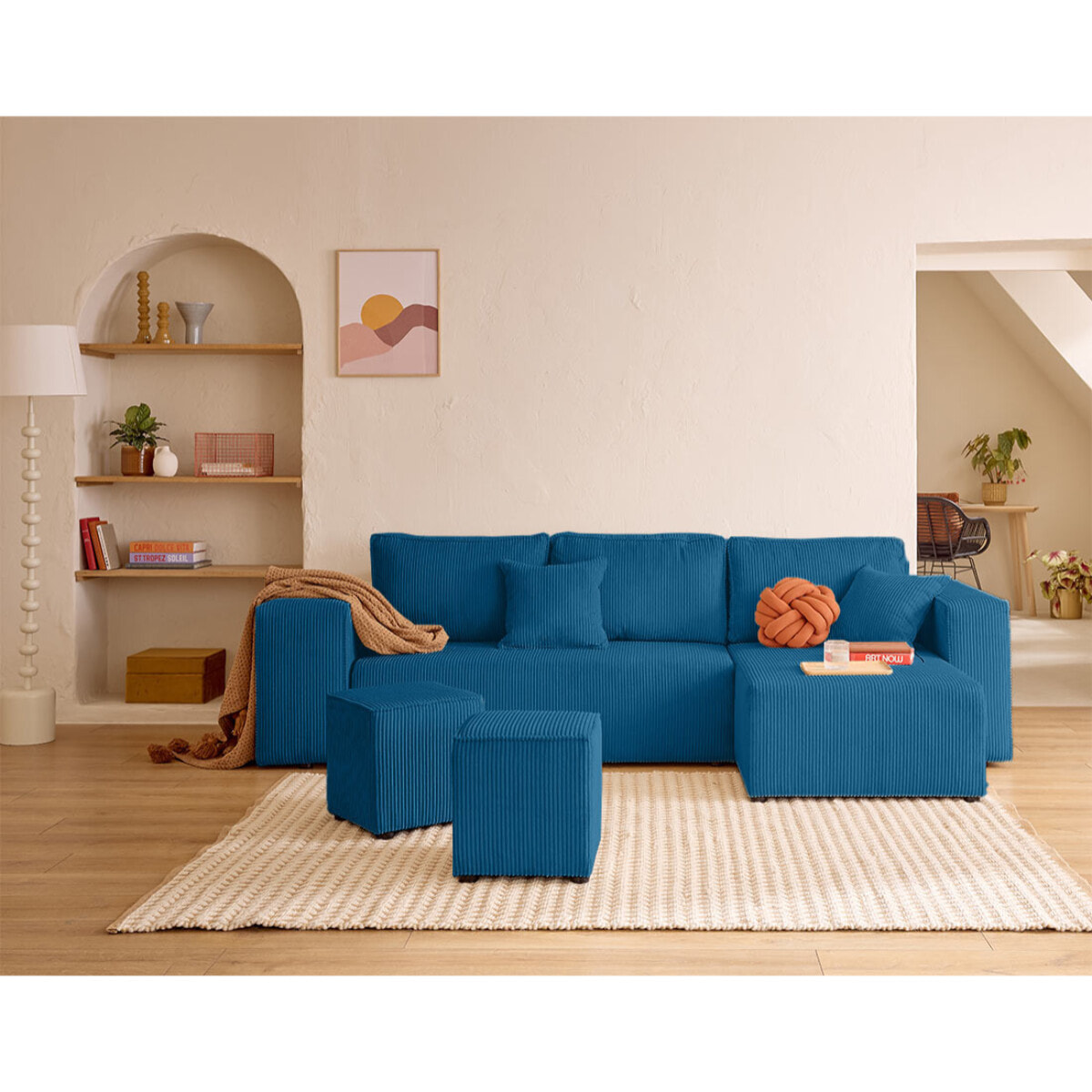 Topaze - canapé d'angle réversible 4 places - convertible avec coffre, tablette et poufs - en velours côtelé - Bleu