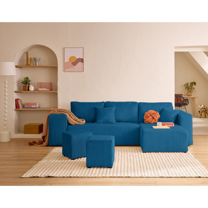 Topaze - canapé d'angle réversible 4 places - convertible avec coffre, tablette et poufs - en velours côtelé - Bleu