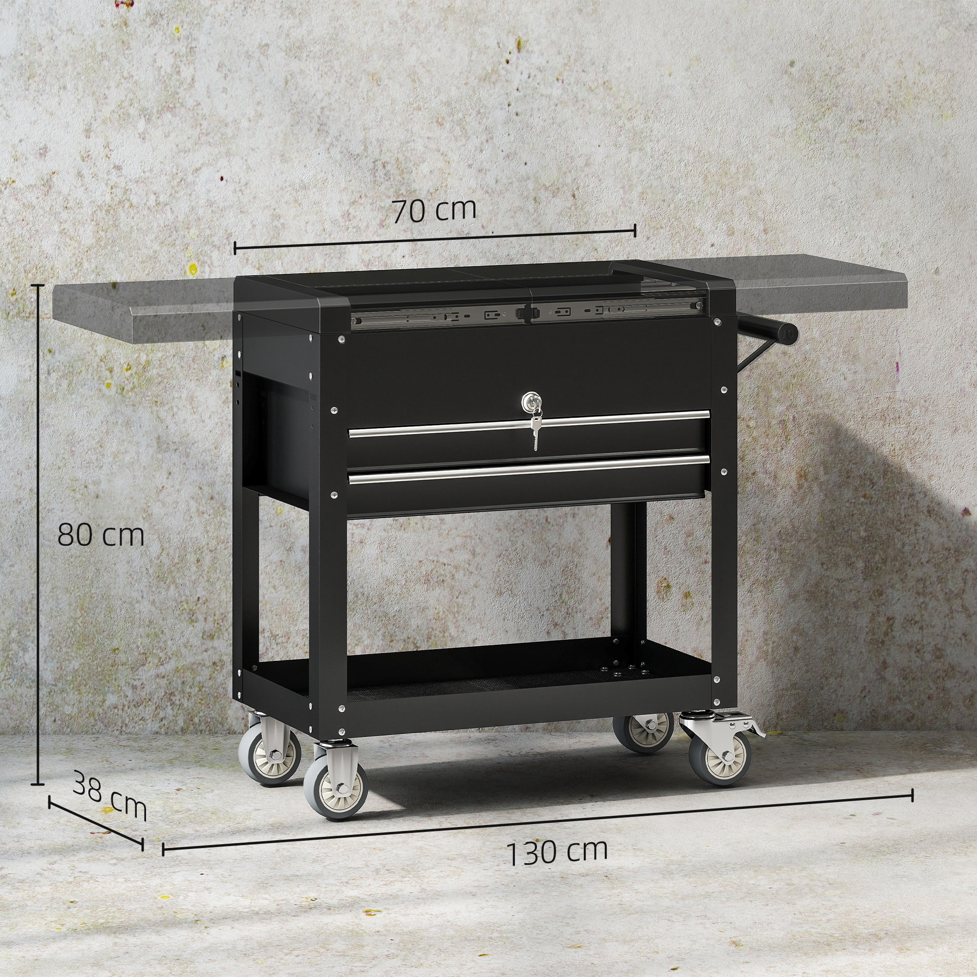 Carro de Herramientas con Ruedas, Carro de Taller Móvil con Tapa Deslizante, 2 Cajones con Cerradura, Bandeja, Caja de Herramientas de Acero, para Taller, Garaje, Negro