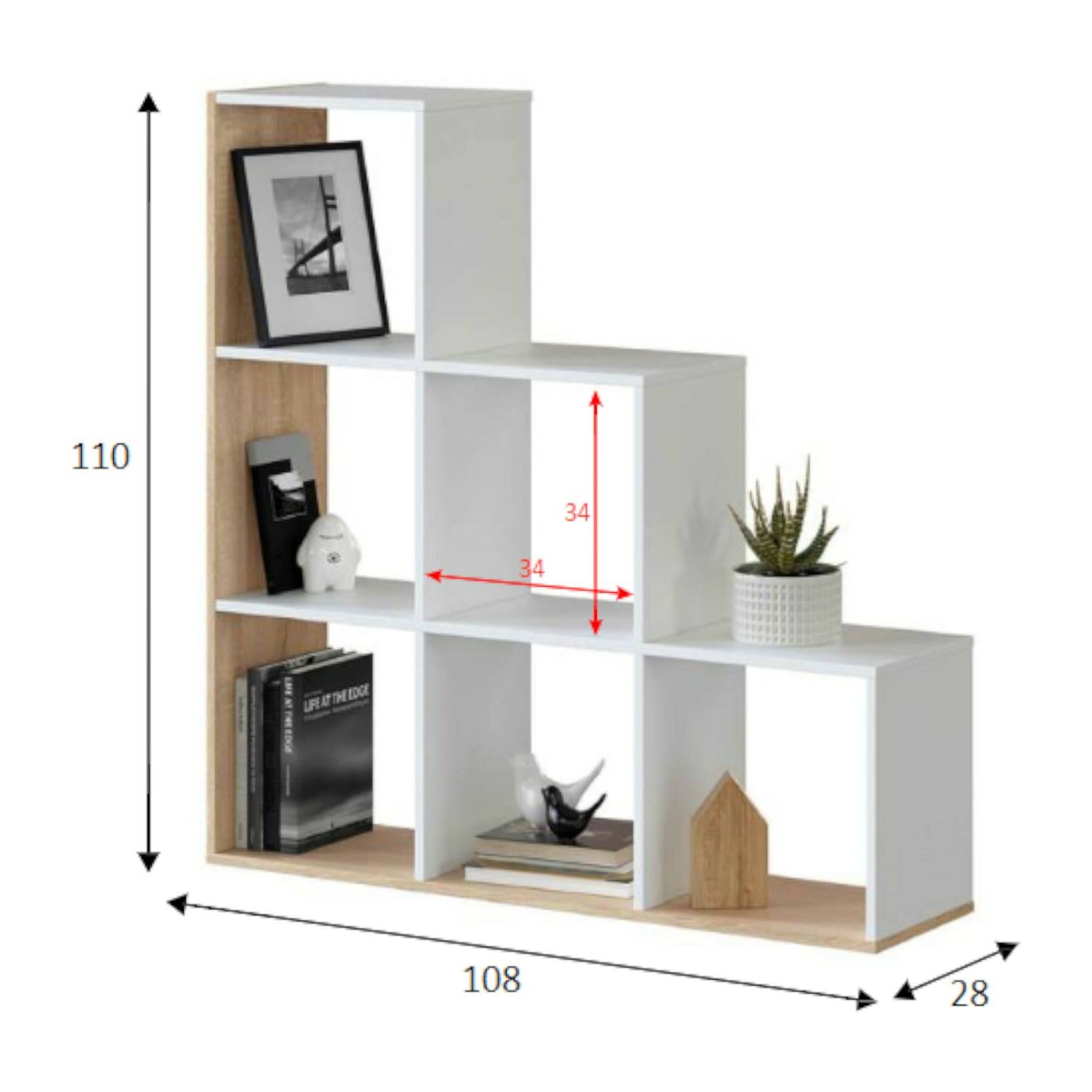 Libreria Cincinnati, Mobile portalibri bifacciale con 6 scomparti, Scaffale divisorio da ufficio, cm 108x28h110, Bianco e Rovere