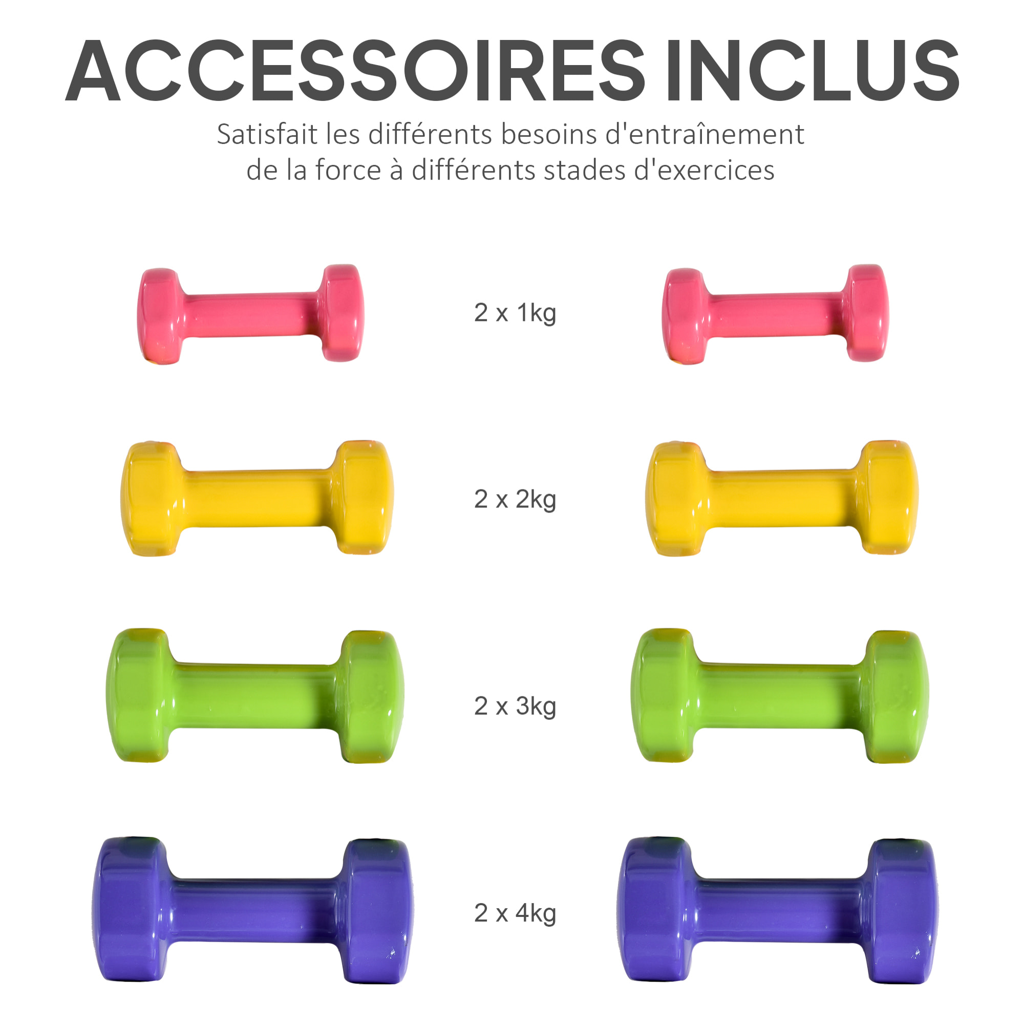 Ensemble d'haltères hexagonales total 20 Kg 8 pièces 1-4 Kg acier PU multicolore
