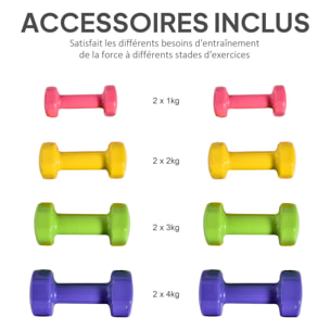 Ensemble d'haltères hexagonales total 20 Kg 8 pièces 1-4 Kg acier PU multicolore