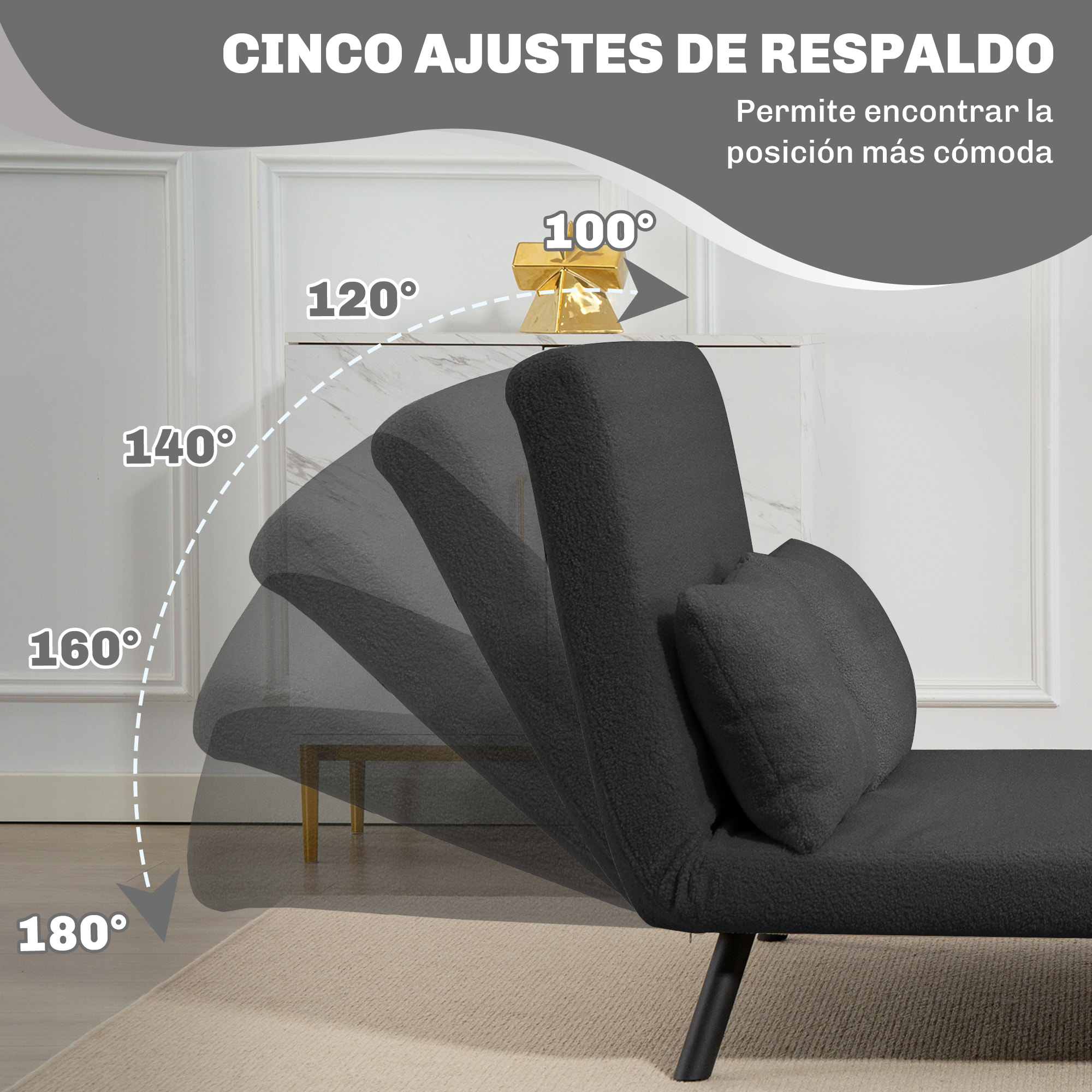 Sofá Cama de 2 Plazas 4 en 1 Sofá Cama Plegable Tapizado en Borreguito con Respaldo Ajustable de 5 Niveles y Almohadas Acolchadas para Oficina Dormitorio Salón 102x73x81 cm Gris Oscuro