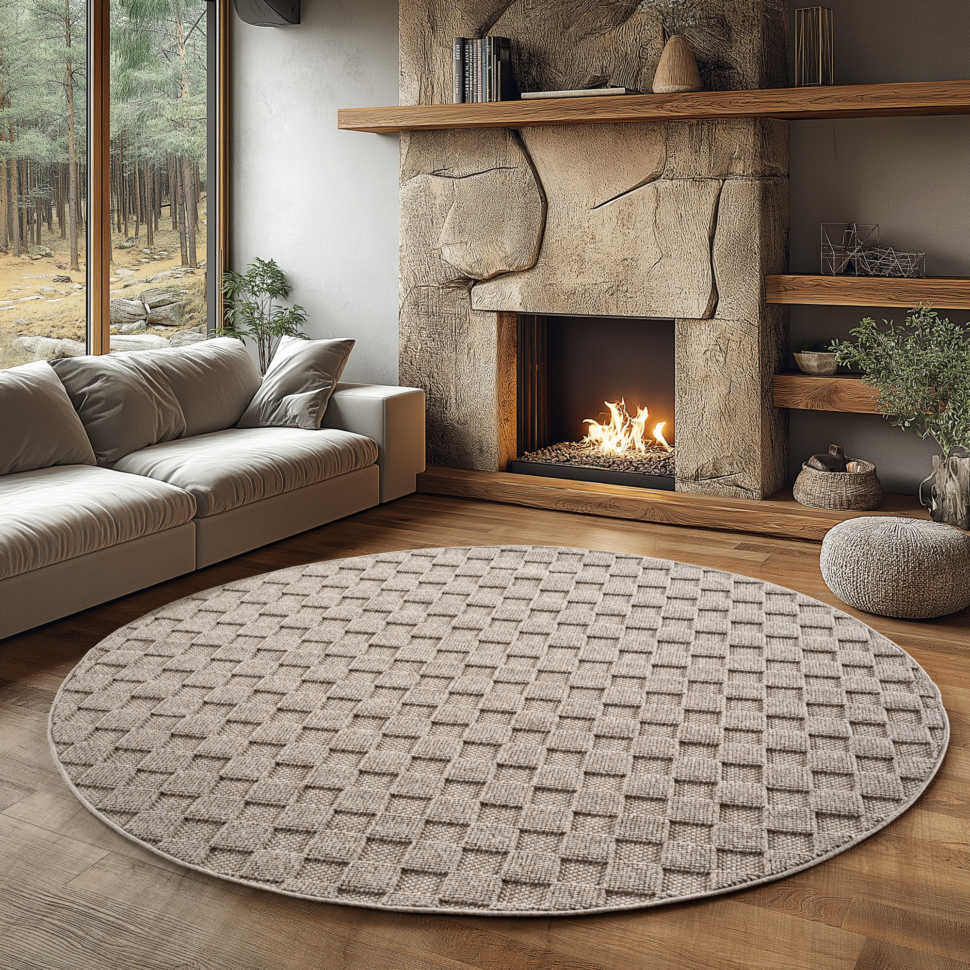 HELIX - Tapis moderne rond effet laine bouclé à motif damier en relief beige