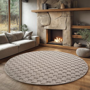 HELIX - Tapis moderne rond effet laine bouclé à motif damier en relief beige
