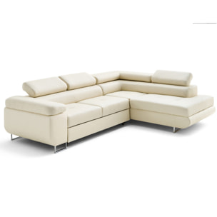 Zaria - canapé d'angle droit 5 places convertible avec coffre et têtières en simili - Beige