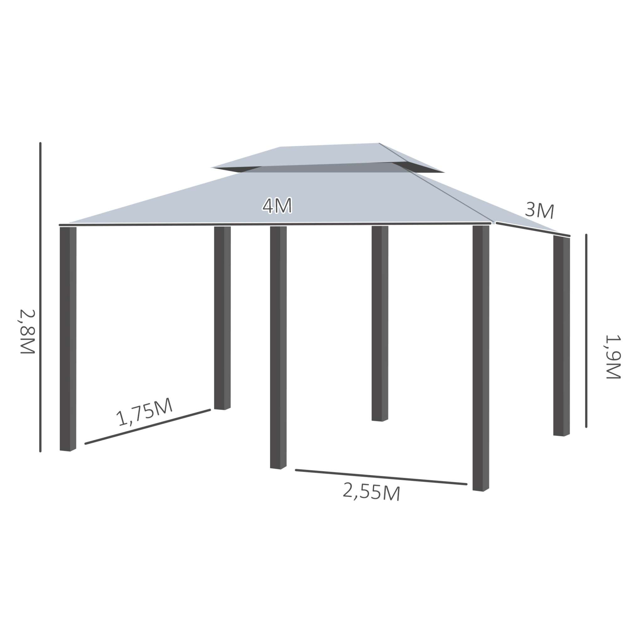 Cenador de Jardín 3x4m con Doble Techo 6 Cortinas Laterales Fiesta Evento Gris