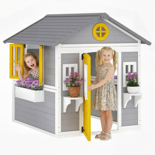 Casita Infantil Exterior e Interior de Madera, Casita Infantil con Puerta, Ventanas, Jardineras y Soportes de Flores, Casa de Jardín para Niños de 3-8 Años, Gris