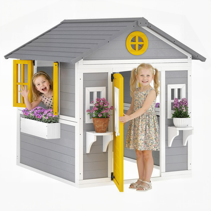 Casita Infantil Exterior e Interior de Madera, Casita Infantil con Puerta, Ventanas, Jardineras y Soportes de Flores, Casa de Jardín para Niños de 3-8 Años, Gris
