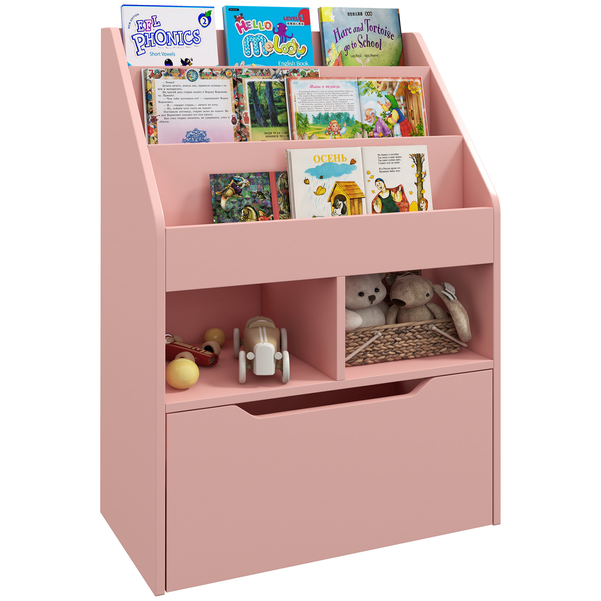 Estantería Infantil de Madera con 3 Compartimentos 2 Cubos y Cajón Móvil con 4 Ruedas Librería Infantil para Habitación de Niños Sala de Juegos 60x29,9x90 cm Rosa