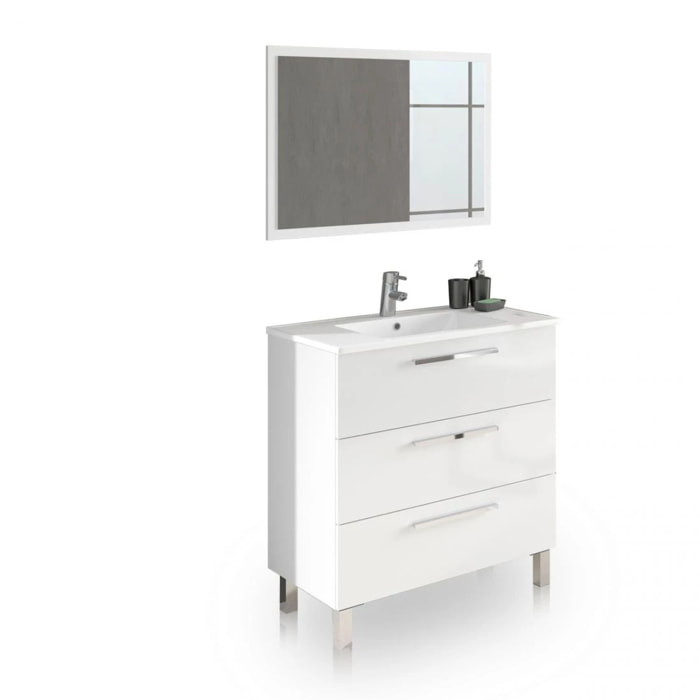 Mueble de baño de 3 cajones en blanco brillo con espejo 80 cm Feel Blanco Brillo