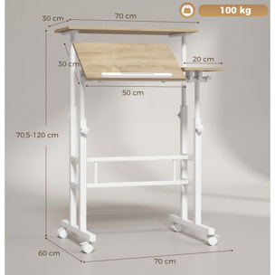 Bureau assis debout inclinable réglable H.70,5-120 cm mobile 3 plateaux métal blanc effet bois clair