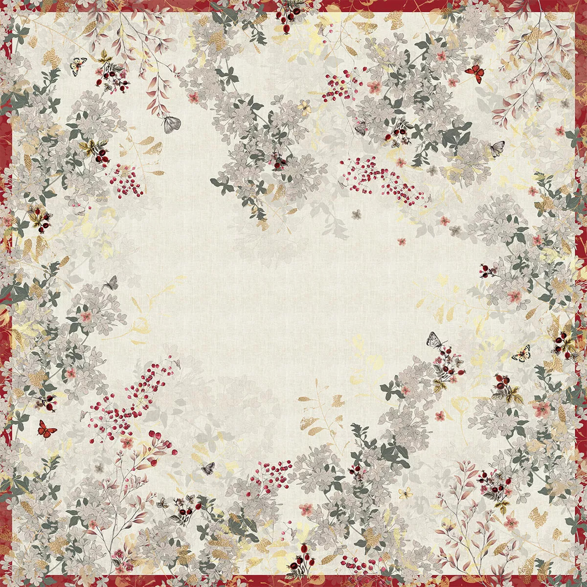 Nappe lin & coton lavé 150 g/m² imprimé beige bordeaux Vintage flowers cranberry