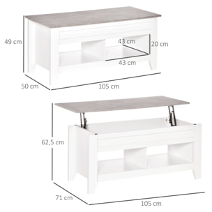 Table basse rectangulaire plateau relevable 2 niches et coffre panneaux particules blanc aspect marbre