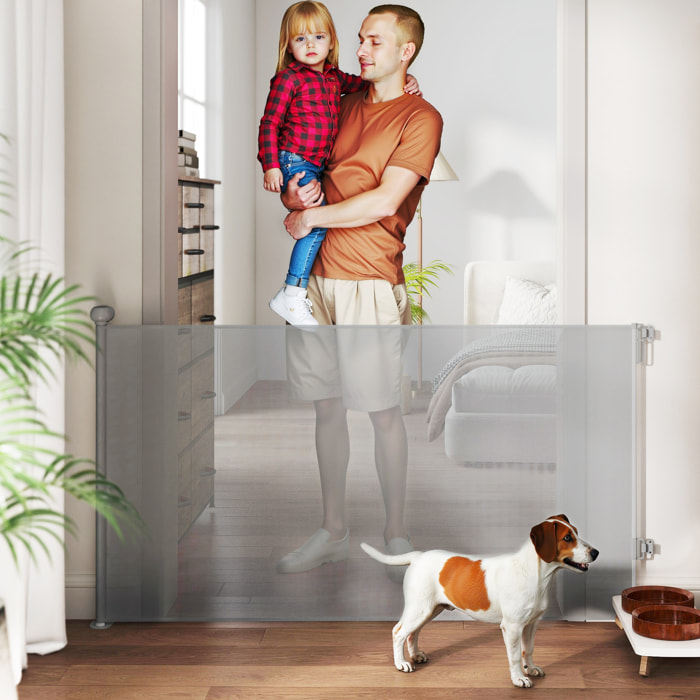 Barrera para Perros Retráctil 0-140 cm Puerta para Perros Pequeños Extensible Barrera de Seguridad para Mascotas con Interruptor de Cierre para Escaleras Puertas Pasillos Gris