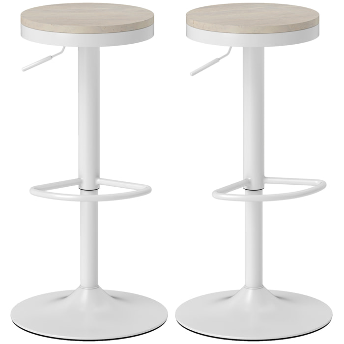 Lot de 2 tabourets de bar réglables pivotants assise ronde bois hévéa acier blanc
