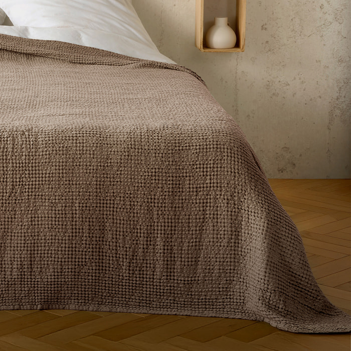 Plaid ou couvre lit 100%  coton nid d’abeille - Marron glacé