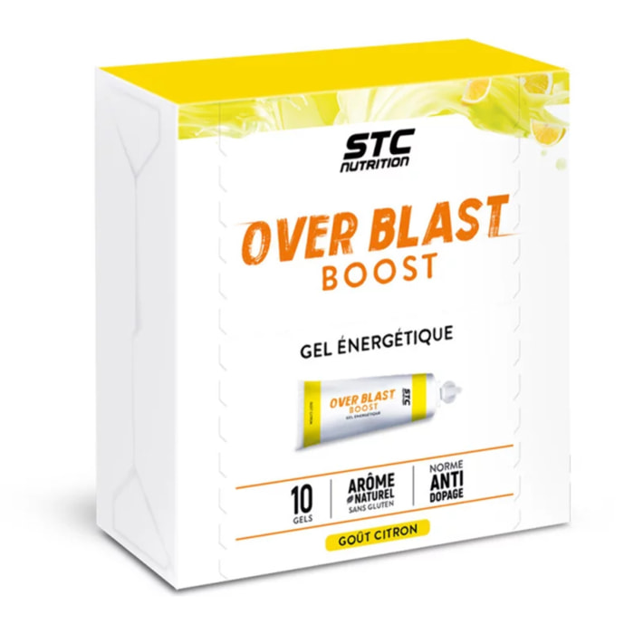 STC NUTRITION - Over Blast® Boost - Gel énergétique enrichi en complexe dynamisant - Norme anti-dopage- Goût citron - 10 dosettes - Citron - Texture liquide