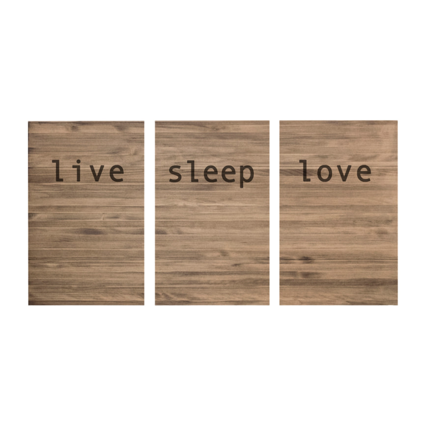 Tête de lit triptyque en bois massif avec imprimée motif Live love sleep en chêne foncé de différentes tailles Hauteur: 80 Longueur: 180 Largeur: 4.2