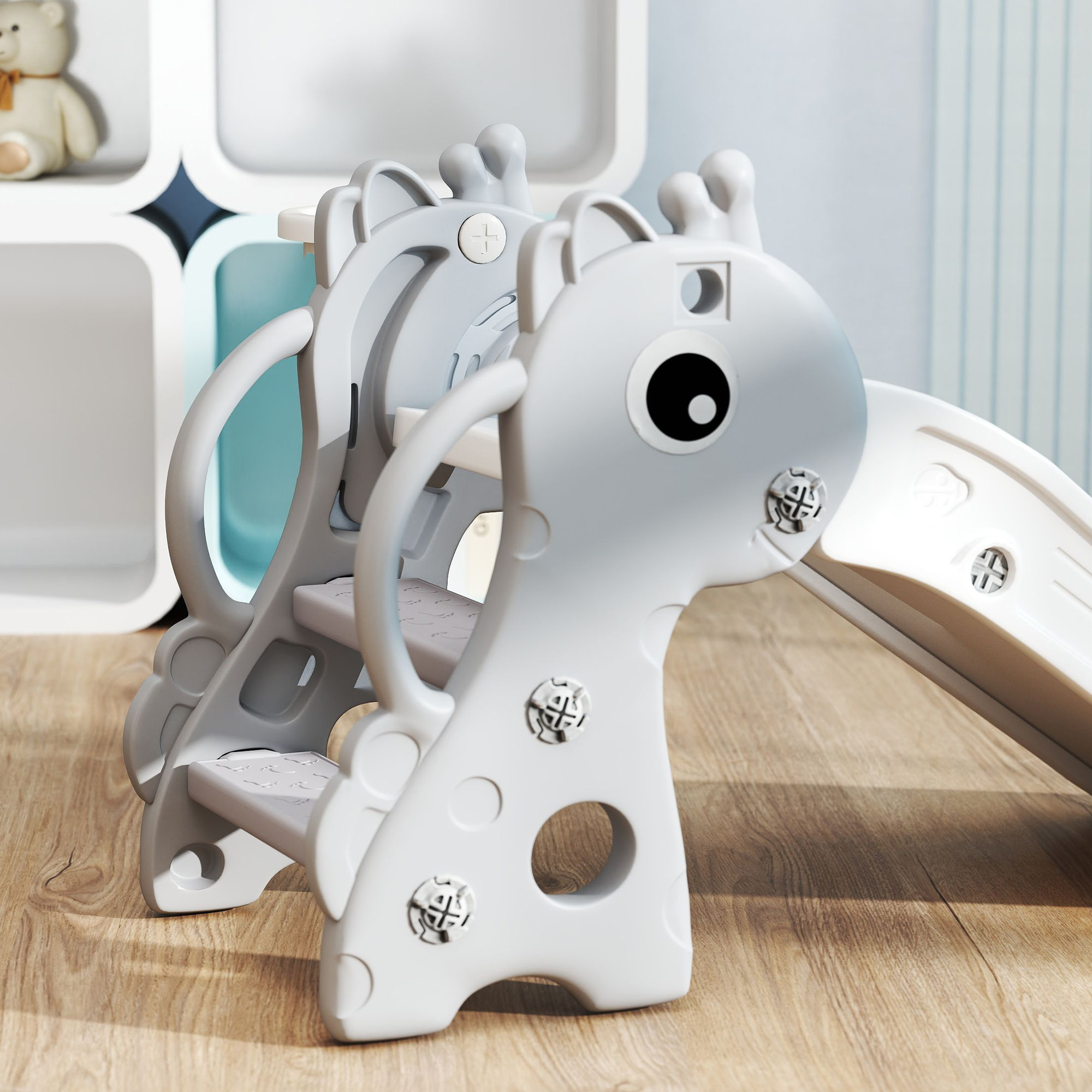 Toboggan enfant design girafon - panier de basket-ball intégré - ballon, pompe inclus - plastique gris blanc