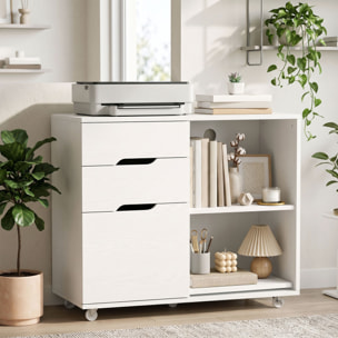 Mueble para Impresora con Ruedas, Mesa para Impresora con 3 Cajones, Barra Ajustable, 2 Estantes Abiertos y Asas, para Documentos Tamaño A4, Carta, Archivador Móvil para Oficina en Casa, Blanco