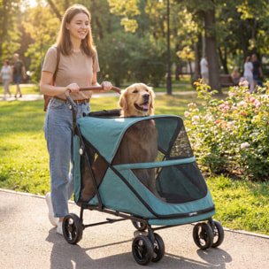 Carrito para Perros y Gatos Grande Plegable con un Botón hasta 30 kg, Cochecito para Perros Medianos y Grandes, Suspensión 4 Ruedas, Giratorio, Freno de Pie, Cojín Lavable, Turquesa
