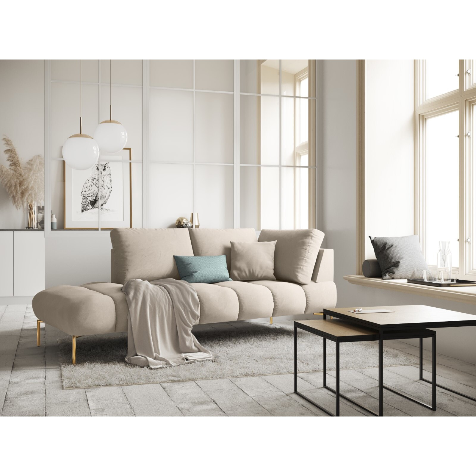 Méridienne gauche "Hastings" 2 places en velours beige