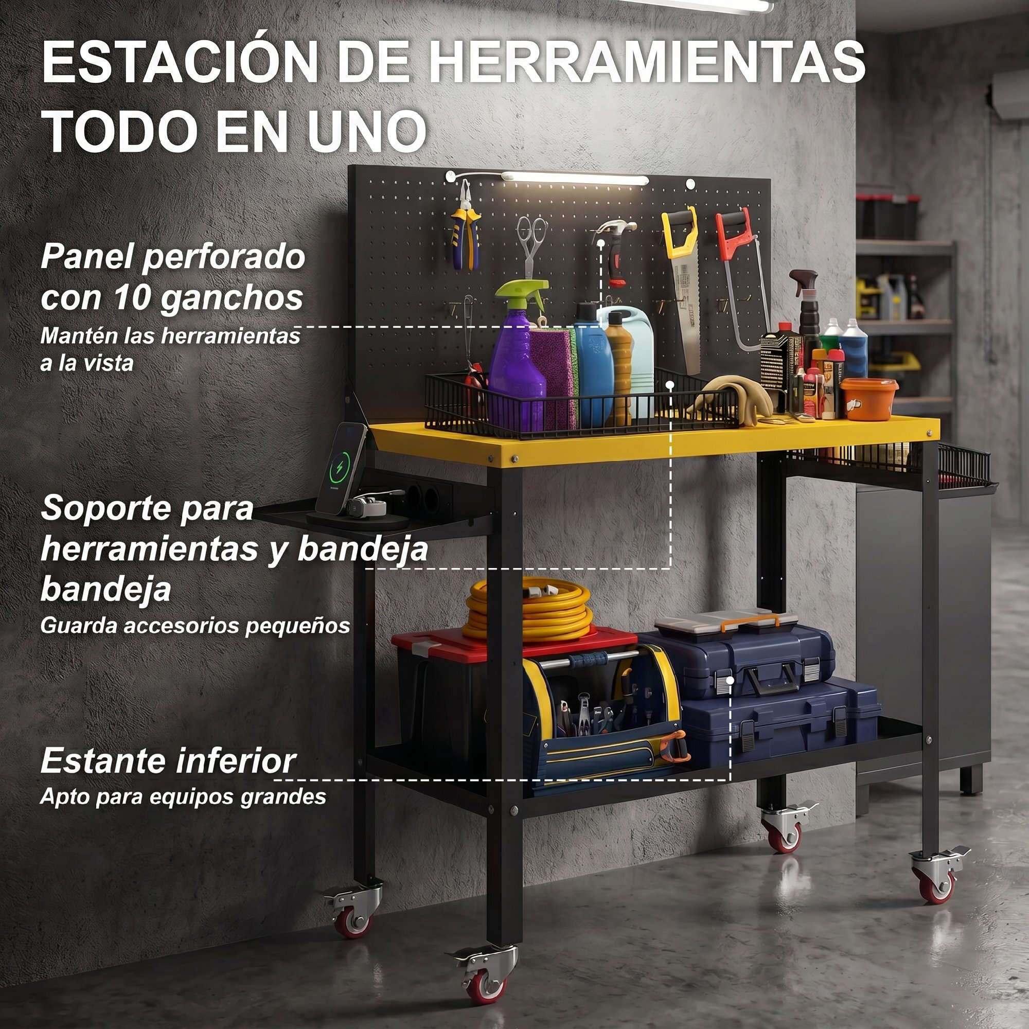 Banco de Trabajo con Panel Perforado y Ruedas, Mesa de Trabajo con Enchufes, USB, Luz LED y Estructura Metálica, Carga 300 kg, Banco para Garaje o Taller, 128x49,5x127,5 cm, Negro y Amarillo