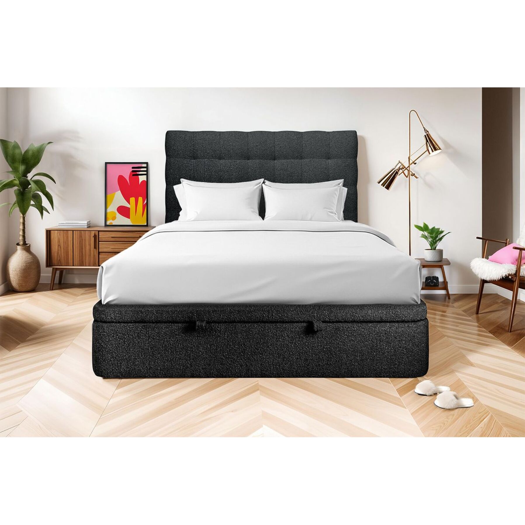 Lit avec sommier et tête de lit capitonnée - Tissu bouclette au style chic - Adapté à tous les matelas, montage rapide - Rangement XXL