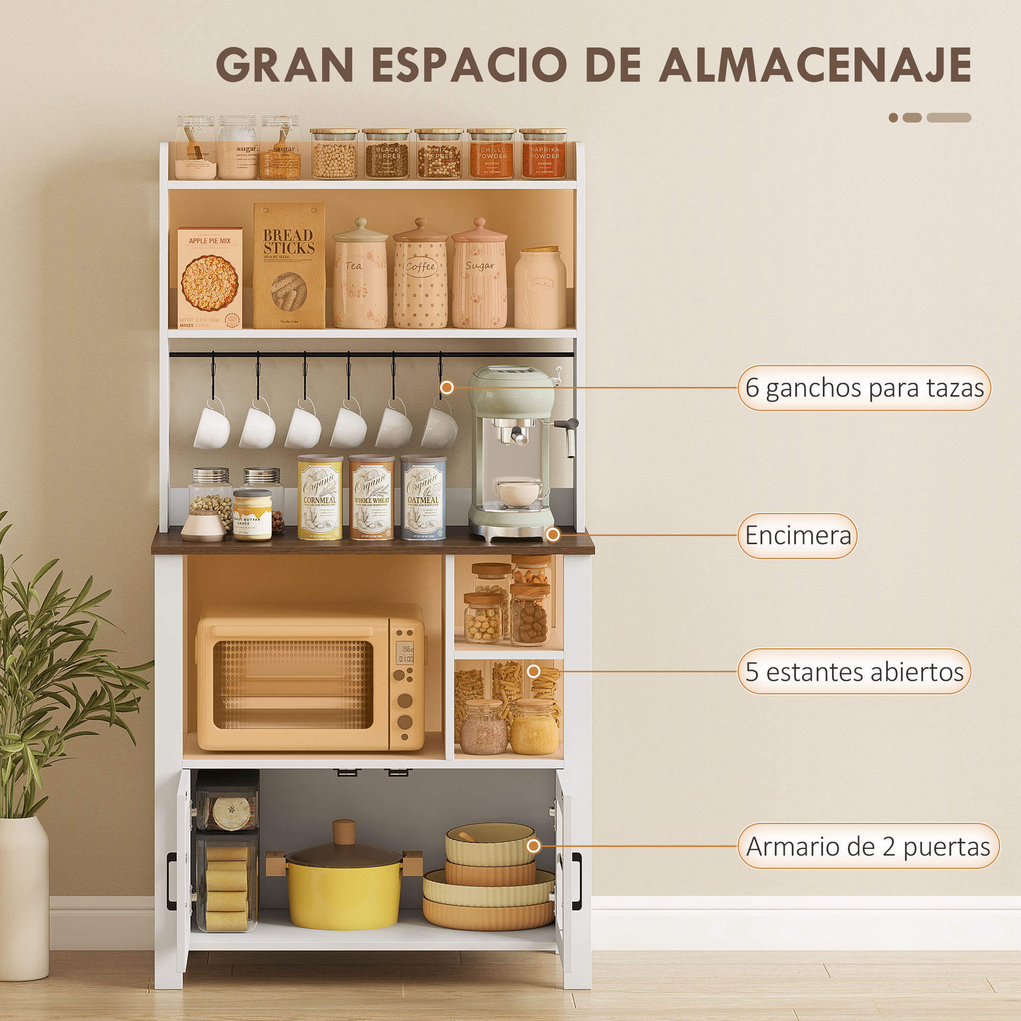 Alacena de Cocina Alta, Mueble Auxiliar de Cocina, con 6 Ganchos para Tazas, 2 Puertas de Vidrio, Estantes Abiertos, Blanco, 80x40x152 cm