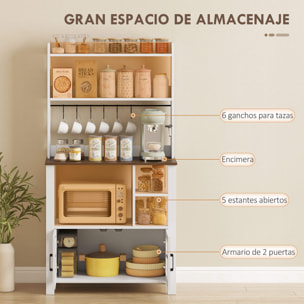 Alacena de Cocina Alta, Mueble Auxiliar de Cocina, con 6 Ganchos para Tazas, 2 Puertas de Vidrio, Estantes Abiertos, Blanco, 80x40x152 cm