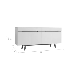 Buffet scandinave blanc brillant et finition bois clair 4 portes 2 tiroirs L180 cm MELKA