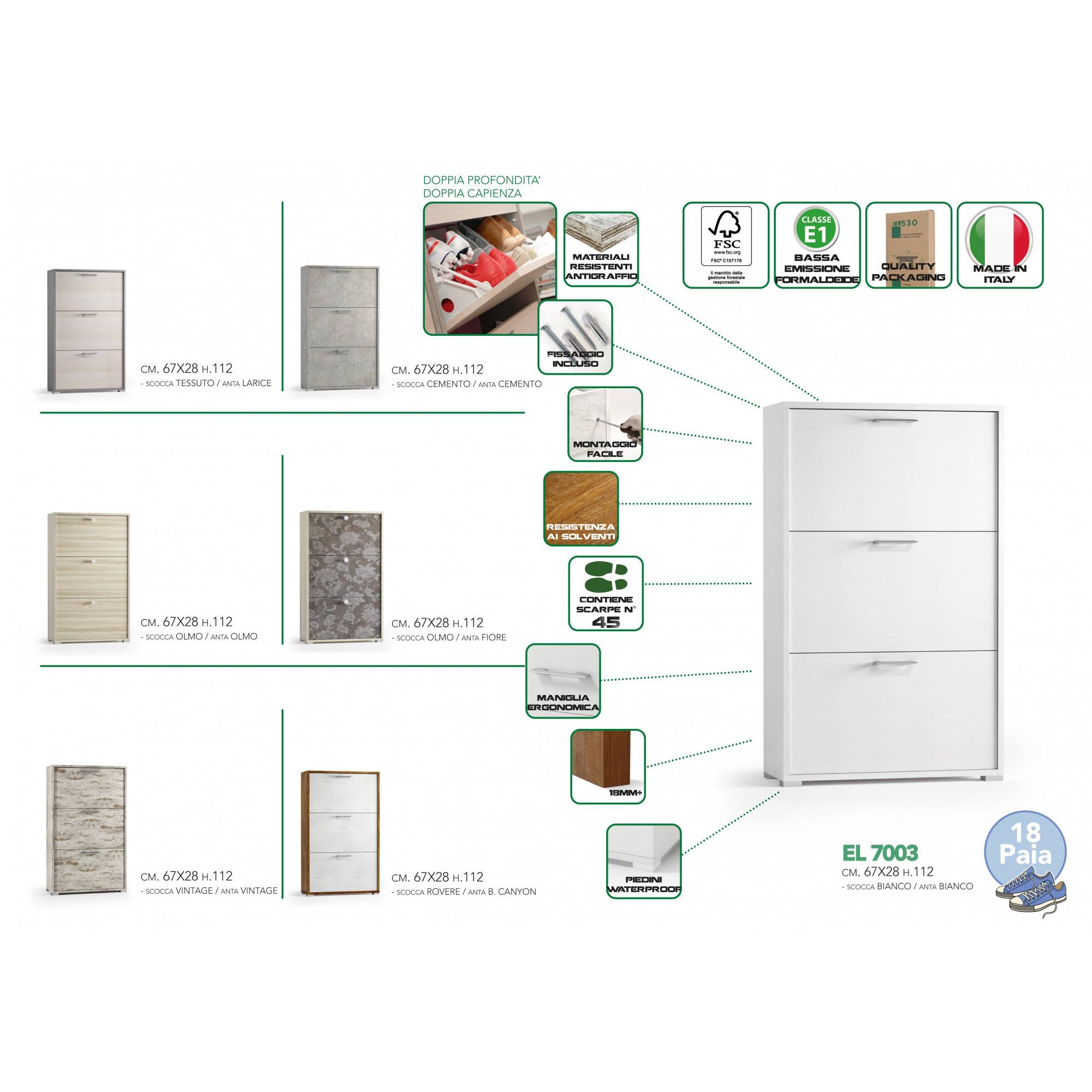 Scarpiera Peonia, Mobile multiuso da ingresso con 3 ante a ribalta, Armadietto portascarpe a doppia profondità, 100% Made in Italy, Cm 67x28h112, Bianco e Olmo