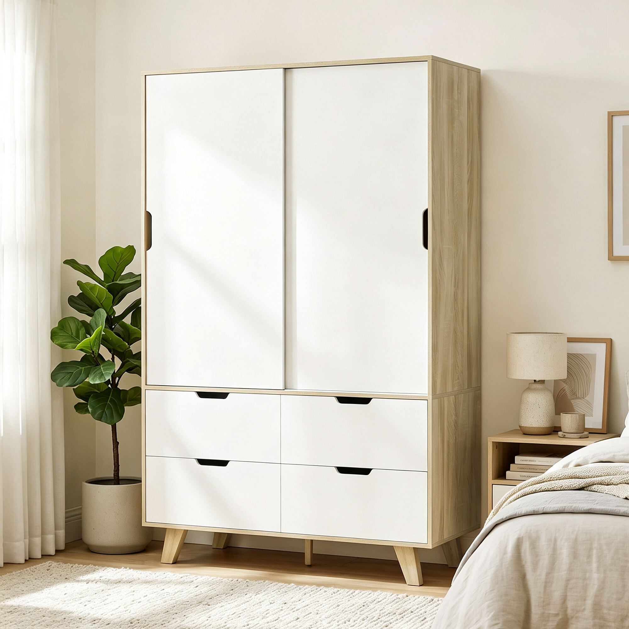 Armario Dormitorio Moderno con Puertas Correderas, Armario Ropero con Barra para Colgar, Estantes Ajustables y 4 Cajones, 120x50x187,5 cm, para Salón, Entrada, Roble y Blanco